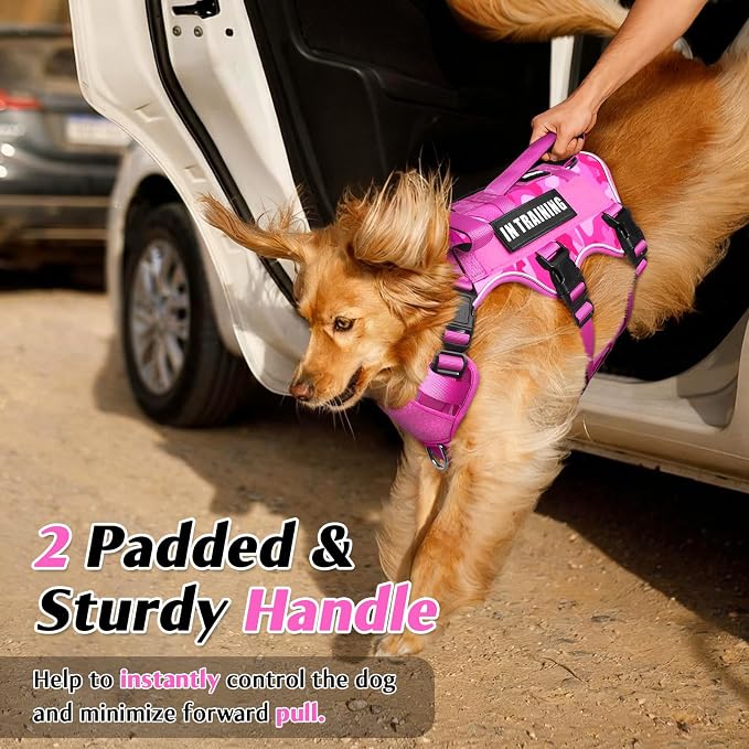 Escape Proof Dog Harness with Double Handle+4 Removable Patches | Service Working Molle Harness with Double Handle for Large Dogs, Tactical Pet Reflective Vest for Walking Hiking Hunting