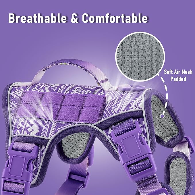 AUNZO Dog Vest Harness with 2 Patches, No Pull Dog Harness for Walking Training Hiking, Metal D-Rings Easy on/Off Neck Buckle Reflective Strips Soft Padded Handle, Purple