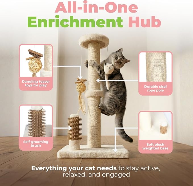Best Pet Supplies Catify Cat Scratcher, Fun Interactive Scratchers, Posts, Poles, Claw Safe, Furniture Saver Indoor Play Support Natural Cat Behaviors Heavy Duty - Beige Scratching Post - H: 33"