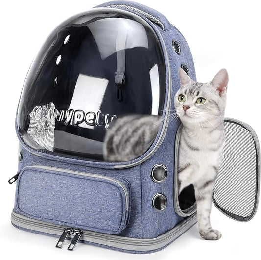 Cawypety Cat Backpack Carrier, Breathable Cat Carrier Large Space Bubble Pet Backpack for Kitty Small Dog up to 12lbs, Transparent & Foldable Pet Carrier for Travel Hiking (Blue