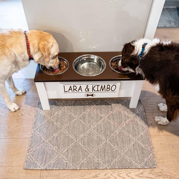 3 Bowl Dog Feeding Station, Personalized Triple Bowl Food Stand Large Dogs | Farmhouse Style, Elevated Wood Stand, Storage Container, Stainless Steel Bowls, Raised Feeder, Large Breed, Made in USA