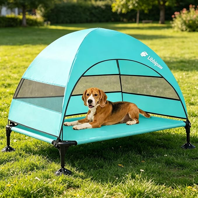 Outdoor Elevated Dog Bed with Canopy for Large Dogs, Blue, L | Breathable Raised Cot with Shade, Tool-Free Setup for Patios, Backyards and Camping