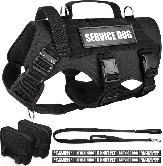 Tactical Dog Harness with Dog Leash, Service Working MOLLE Vest with 10 Pet Patches for Large Dog, No Pull Military Harness and Backpack for Training Hunting Walking