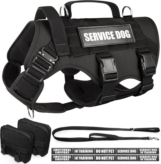 Tactical Dog Harness with Dog Leash, Service Working MOLLE Vest with 10 Pet Patches for Large Dog, No Pull Military Harness and Backpack for Training Hunting Walking