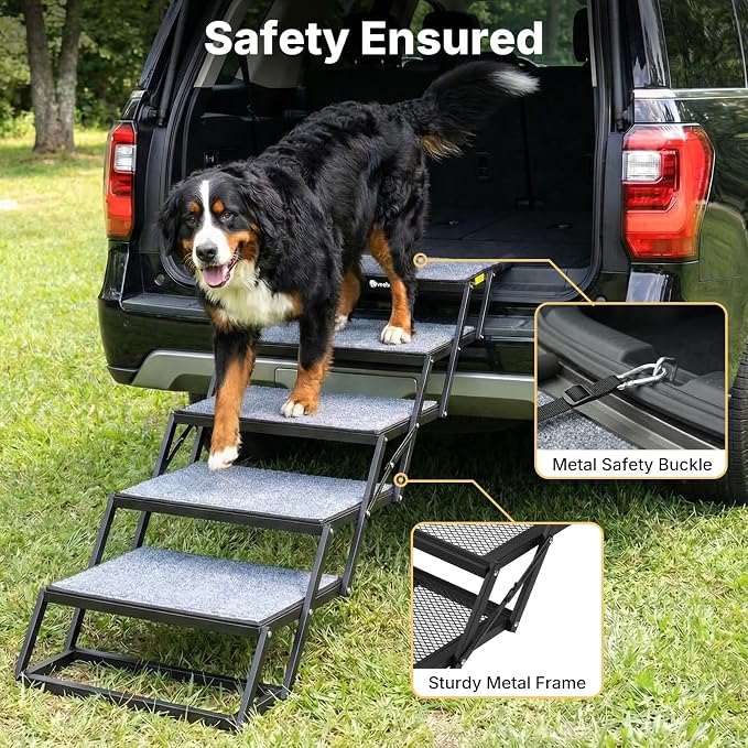 Veehoo Collapsible Dog Stairs for Large Dogs Car Truck SUV, Extra Wide 20" | 5 Steps Pet Ramp for Car Foldable Portable Dog Loader Ramps Ladder Folding Heavy Duty with Non Slip Surface, Up to 200lbs