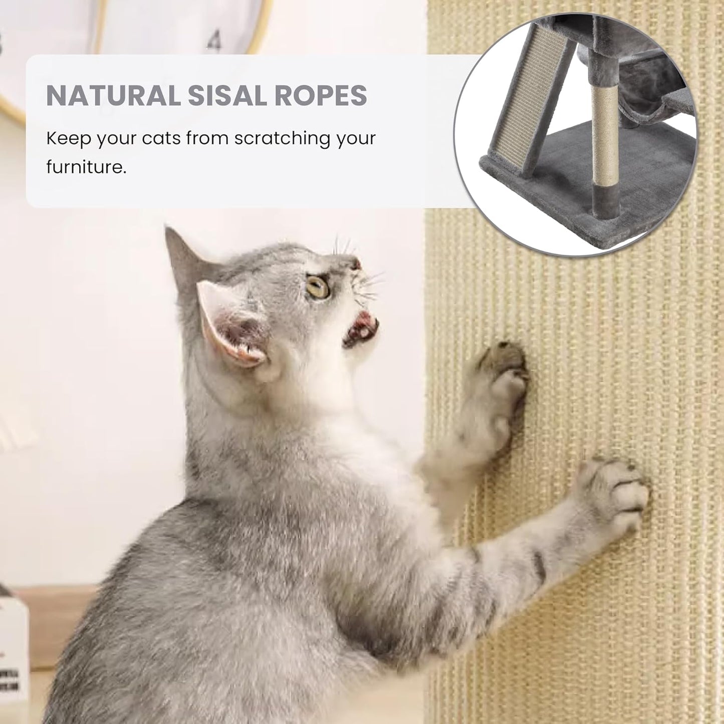 SHA CERLIN 65in Larger Cat Tree Tower Condo for Indoor Kitties/Multi-Level Furniture Activity Center with Wide Base/Cozy Plush Cat Perches/Baskets/Sisal Scratching Posts and Hammock/Grey