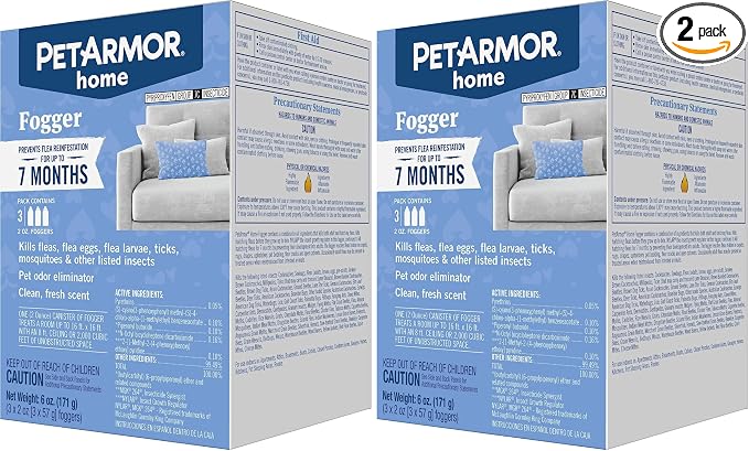 PetArmor Home Fogger, Kills Fleas, Ticks, Mosquitoes & Other Listed Insects, Helps Eliminate Pet Odor, Clean Fresh Scent, Protects for 7 Months, 3 2oz Canisters (Pack of 2)