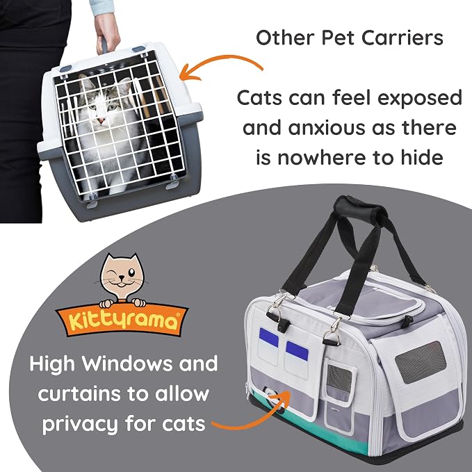 Kittyrama Soft-Sided Airline Approved Cat Carrier with Expandable Hideaway | Escape-Proof SBS Self-Locking Zippers | 22 lb Capacity | Vet Approved | Top & Side Entry | 17×11×11 in