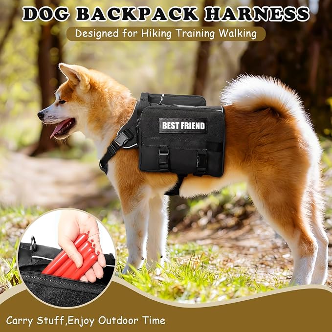 Dog Backpack Harness and Leash Set for Medium Sized Dog Black M | Removable Side Pockets Dog Vest with Padded Handle&MOLLE,No Pull Front&Back Metal Clips for Hiking Training Walking Hunting