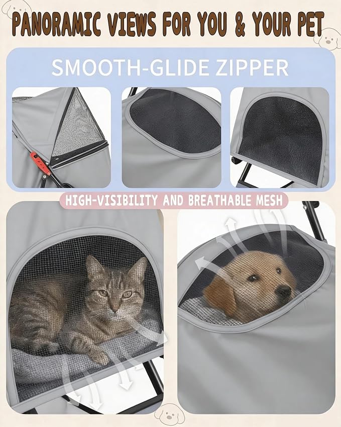 Pet Stroller for Small Medium Dogs Cats - Lightweight Foldable Dog Stroller | 33lbs, 4 Wheels All Terrain Cat Stroller, Breathable Mesh & Safety Tether, Storage Basket for Outdoor Walks-GRAY