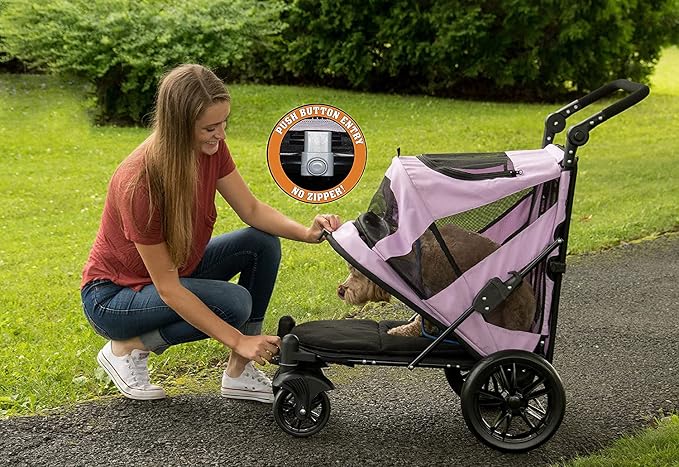 Pet Gear NO-Zip Pet Stroller with Dual Entry, Push Button Zipperless Entry for Single or Multiple Dogs/Cats, Pet Can Easily Walk in/Out, Gel-Filled Tires, Mountain Lilac, Excursion