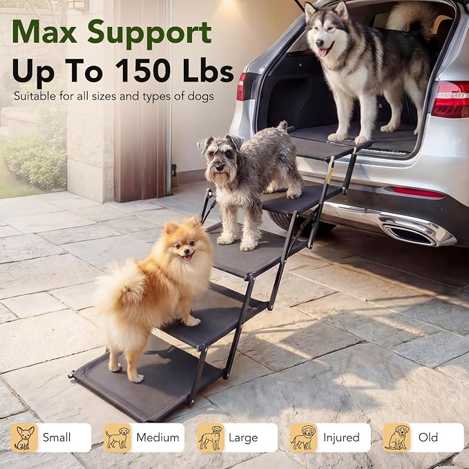 Extra Wide Dog Ramp for Car,Foldable Dog Steps for Truck SUV,150 Lbs | Non-Slip Oxford Surface,Sturdy Steel Frame,Anti-Scratch Handle,Adjustable Height,Light 10s Setup,Suitable for trunk