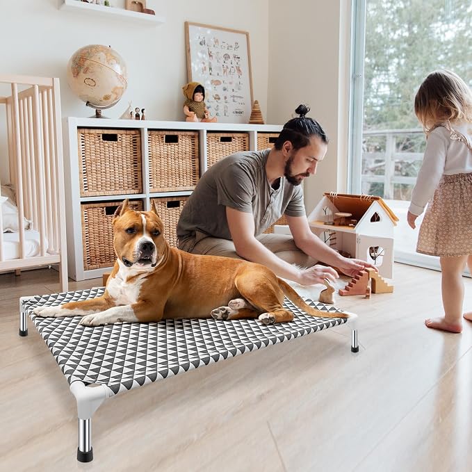 Kuntrust Elevated Outdoor Dog Bed, Large Size, Fits up to 100lbs | Breathable Fabric, Dual-Layer Cotton, Stainless Steel Frame, Anti-Slip Feet