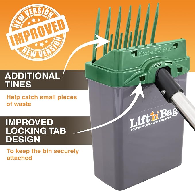 Neater Pet Brands Lift N’ Bag 2.0 Dog Pooper Scooper with Bag Attachment & 22" Pole for Small to Large Dogs, New & Improved Design, 15 Refill Bags, Heavy Duty Dog Poop Scooper for Yard, One-Hand Use