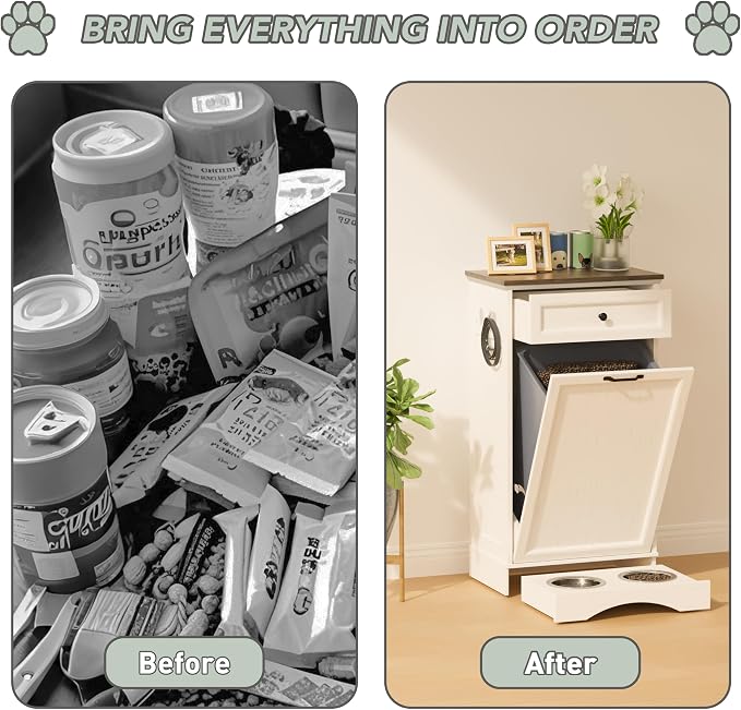 FIMELLO 21 ''WX 13''DX39''H Dog Feeding Station with 2 Feeding Bowls, Tilt-Out Dog Food Storage Cabinet with Drawer,Pet Feeder Cabinet,White Grain