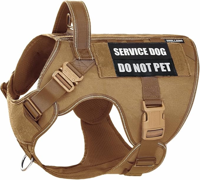 Tactical Dog Harness for Medium Large Dogs, 2X Lightweight Metal Buckle Service Dog Harness with Do Not Pet Patches, Reflective Military Dog Harness for Hiking Training Brown