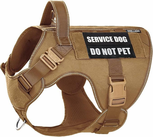 Tactical Dog Harness for Medium Large Dogs, 2X Lightweight Metal Buckle Service Dog Harness with Do Not Pet Patches, Reflective Military Dog Harness for Hiking Training Brown