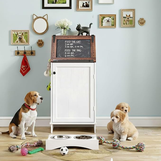 FIMELLO Dog Feeding Station with Storage, Dog Food Cabinet with 2 Hidden Feeding Bowls, Flip-Top Pet Storage Cabinet, Pet Food Holder, White Grain
