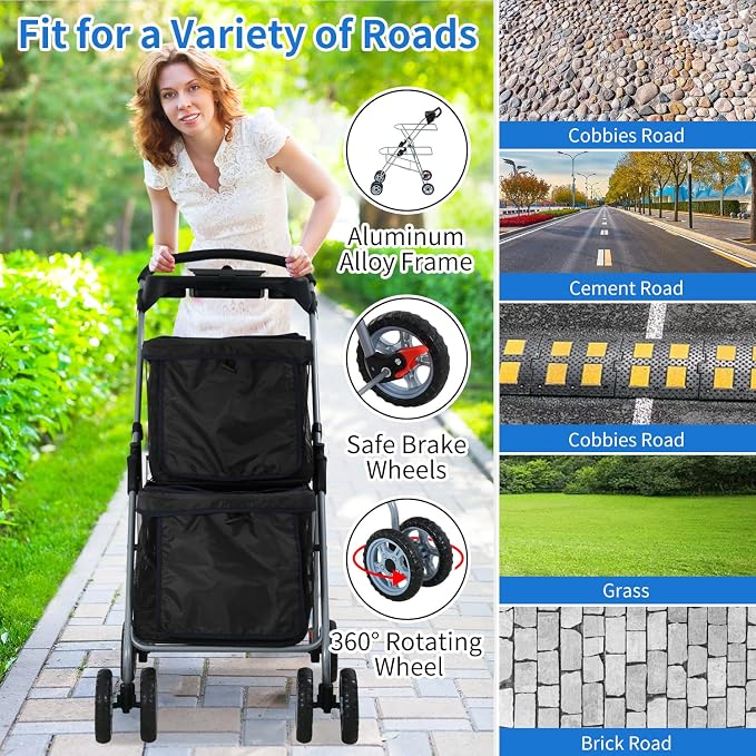 Dog Stroller 4 Wheels Cat Strollers Double Layer Pet Strollers Pet Carriers Jogger Stroller for Medium Dogs Cats Travel Camping Strolling Cart with Cup Holder Removable Liner, Black