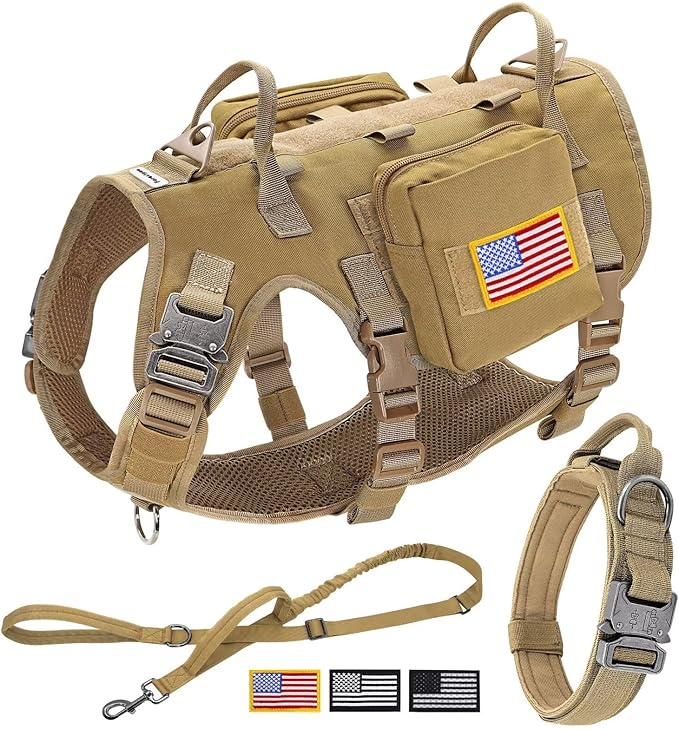 Forestpaw Tactical Dog Harness Collar Bungee Leash Set,S,Coyote Brown | Adjustable Fits 17-25" Chest,20-35 lbs,No Pull Control Military Style,Quick Release Buckle,Walking for Medium Dogs