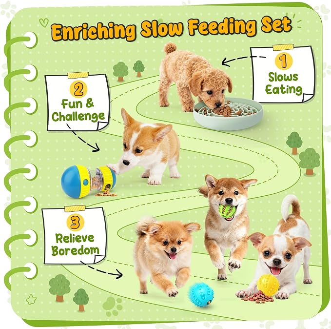 KIPRITII Dog Puzzle Feeder Set with Slow Feeder Bowl & Treat Ball | For Small & Medium Dogs,Adjustable Food Dispensing,Mental Stimulation,Interactive Play