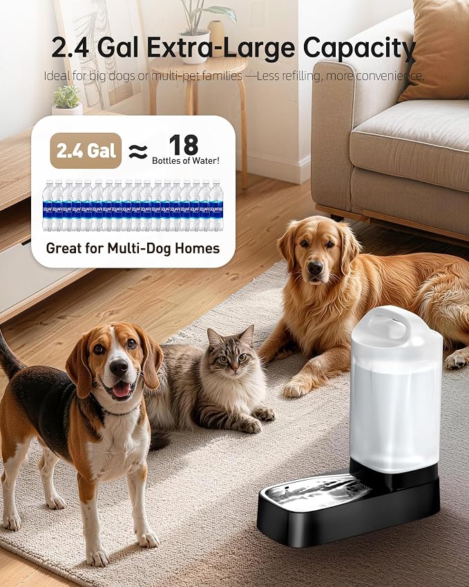 Automatic Dog Water Bowl Dispenser - 2.4 Gallon Gravity Pet Water Dispenser with 304 Stainless Steel Bowl, Dog Auto Feeders Bowls Self Waterer, Easy-Carry Handle for Large Dogs & Cats, Multi-Pet Home