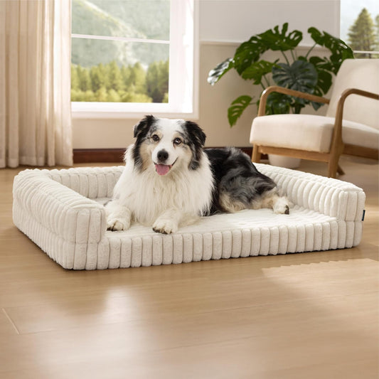 Bedsure Orthopedic Dog Beds for Extra Large Dogs, Waterproof Memory Foam XL Pet Bed with Sides, Non-Slip and Egg-Crate Foam Big Dog Couch Sofa with Washable Removable Corduroy Cover, Cream