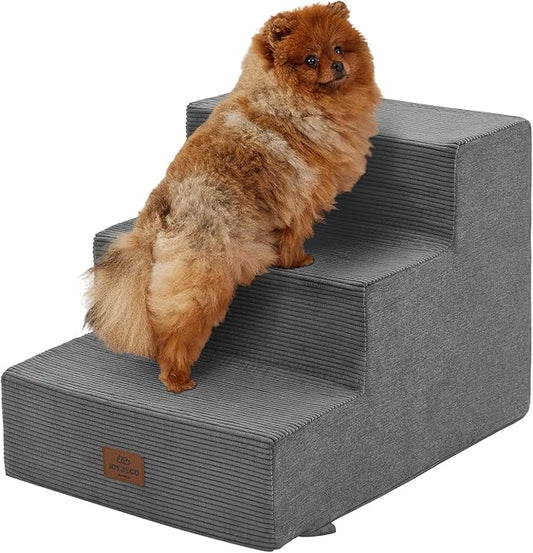 Joydeco Dog Stairs for Bed 15" H, 3-Step Pet Steps for Small Dogs and Cats, Dog Steps for High Bed, Non-Slip Balanced Ramp Indoor Pet Stairs, Gray