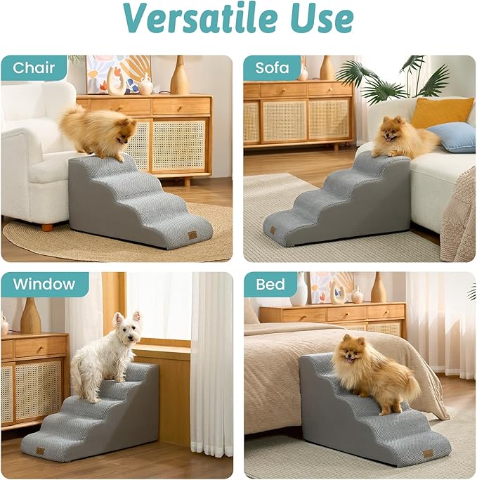 Dog Stairs for Small Dogs 19.7" H, 5-Step Sturdy Foam Dog Steps for Couch, Bed or Sofa, Curved Pet Stairs for Puppy and Older Cat, Doggie Ladder with Washable Cover, 15.7x33x19.7 inch, Gray