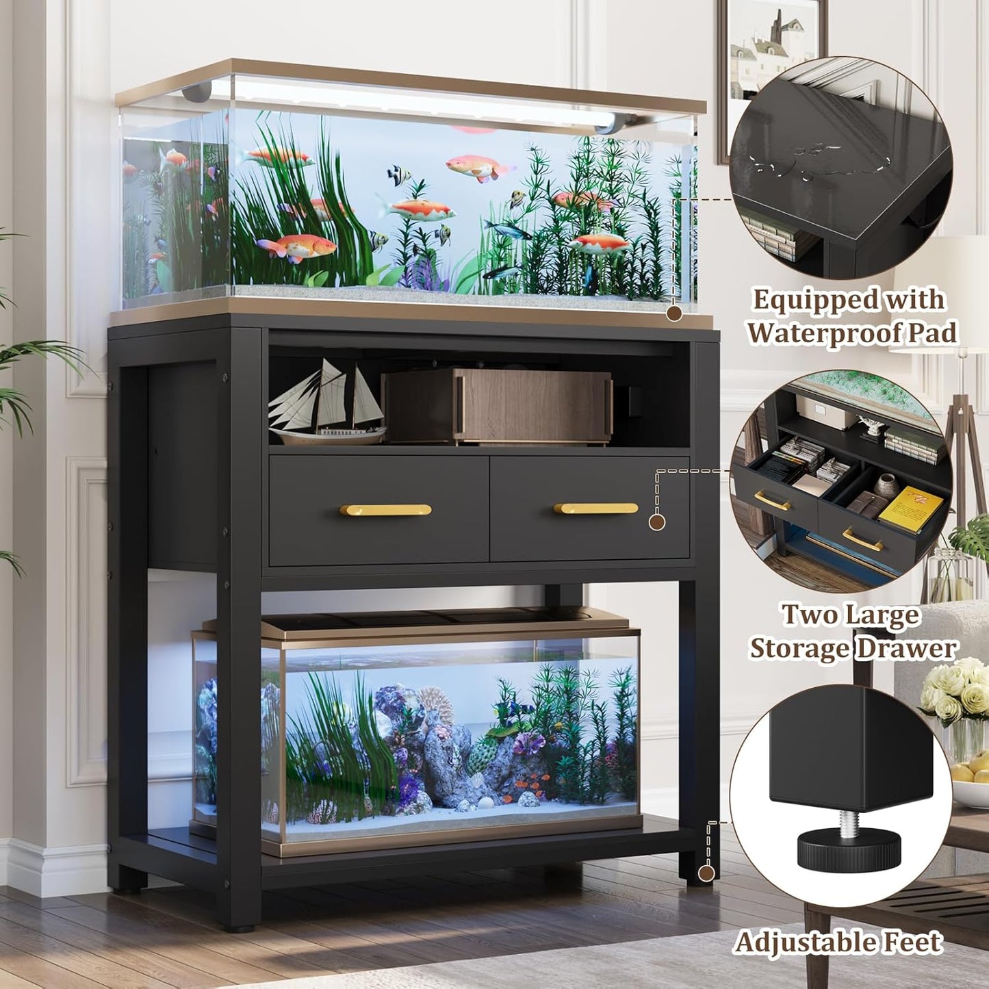 20-29 Gallon Aquarium Stand with Stable Metal Frame & Power Outlet, Heavy-Duty Fish Tank Stand with Waterproof Mat, 550LBS Capacity Storage Cabinet, Black
