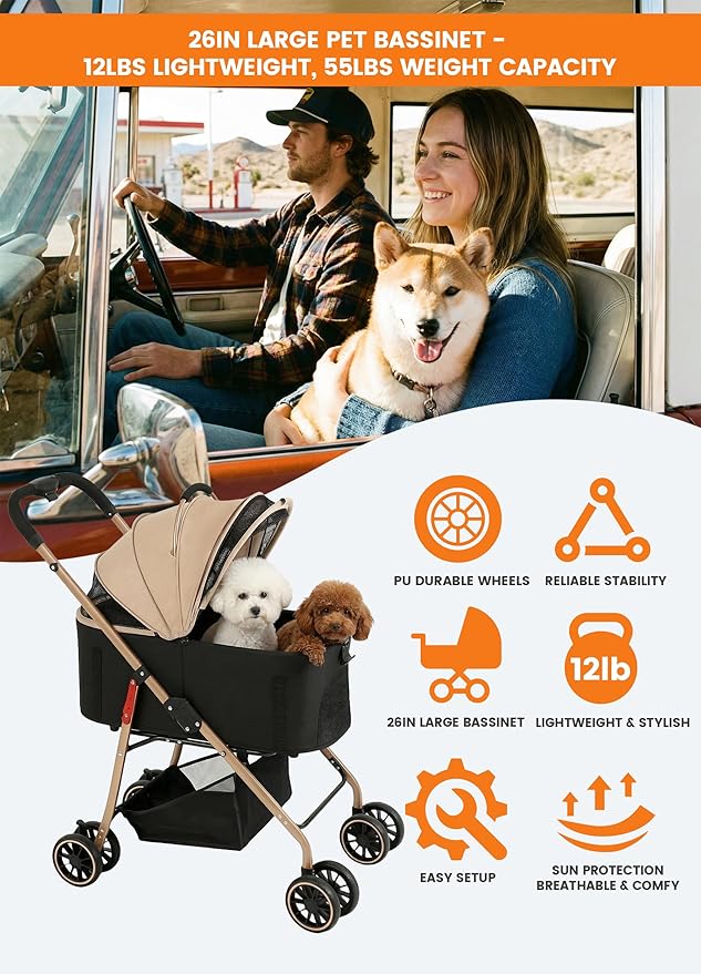 MILA&LOUIS Dog Stroller Pet Stroller for Medium Dogs Durable PU 4-Wheel Dog Strollers for Small Dogs Lightweight Foldable Dog and Cat Stroller Dog Stroller for Dog 55 Lbs with Cup Holder