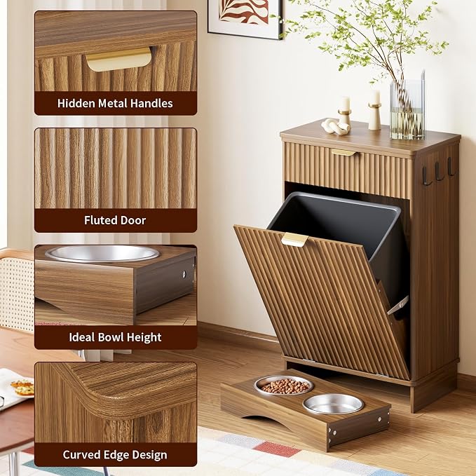 Tilt Out Trash Can Cabinet with Dog Bowl, 10 Gallons Dog Feeding Station with Storage Cabinet, Pet Feeder Cabinet with Hideaway Drawer for Kitchen, Living Room (Tilt-Out Dog Feeding Station-Walnut)