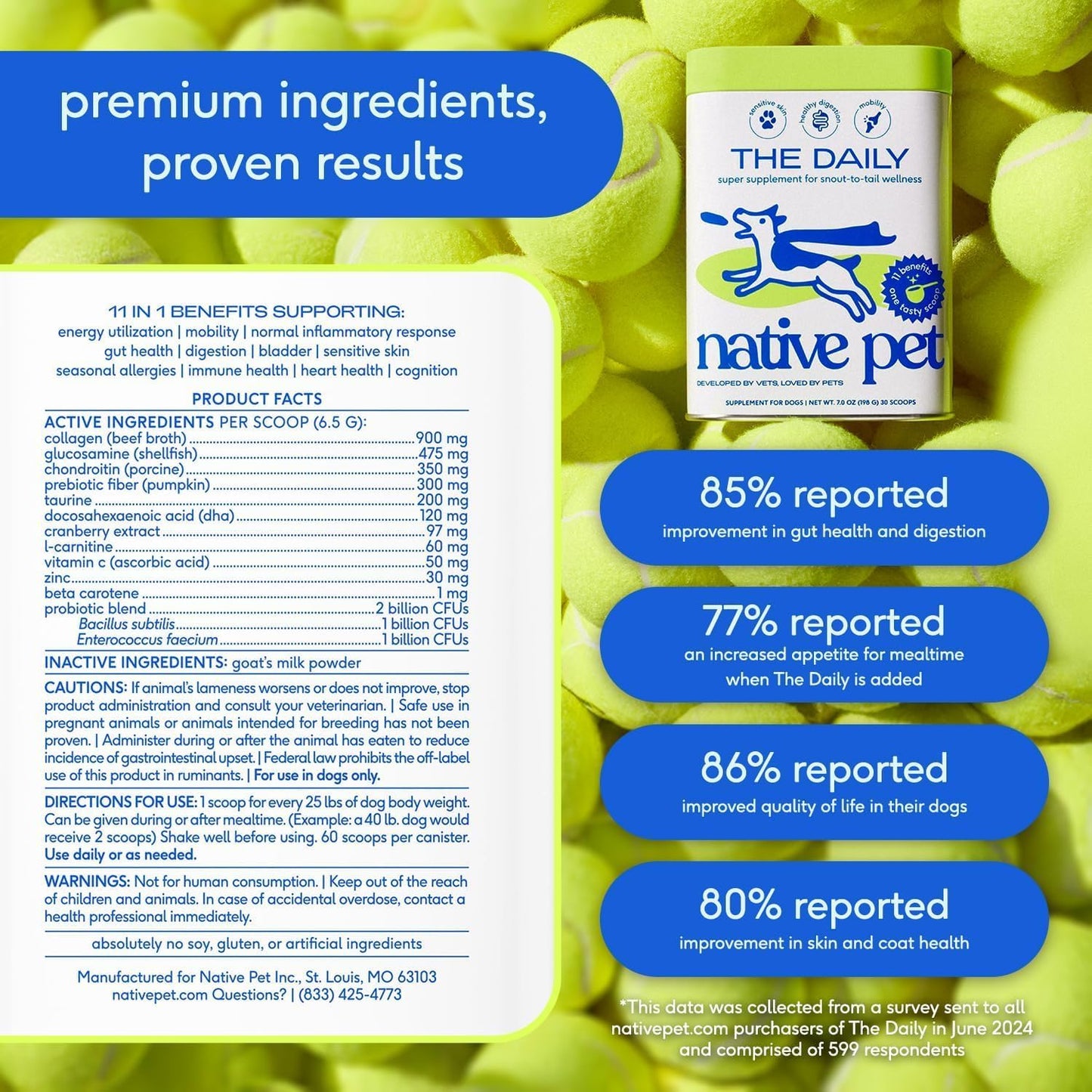 Native Pet Dog Vitamins & Supplements - 11-in-1 Multivitamin Powder for Dogs Food Topper - Collagen, Glucosamine, Probiotics, Omega & More- Supports Healthy Gut, Mobility & Overall Health -60 Scoops