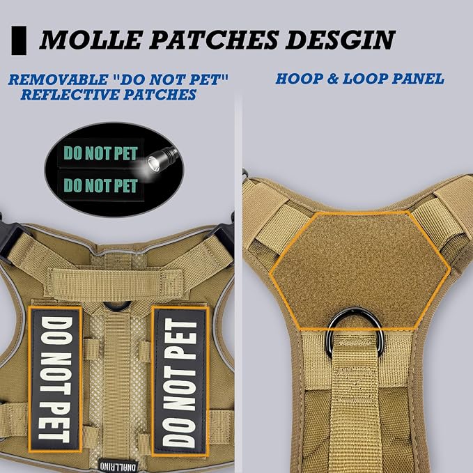 Tactical Dog Harness for Large and XL Breeds, Air Dog Vest No Pull with Reflective Do Not Pet Patches, Breathable Dog Molle Vests for Training Walking Hunting Brown