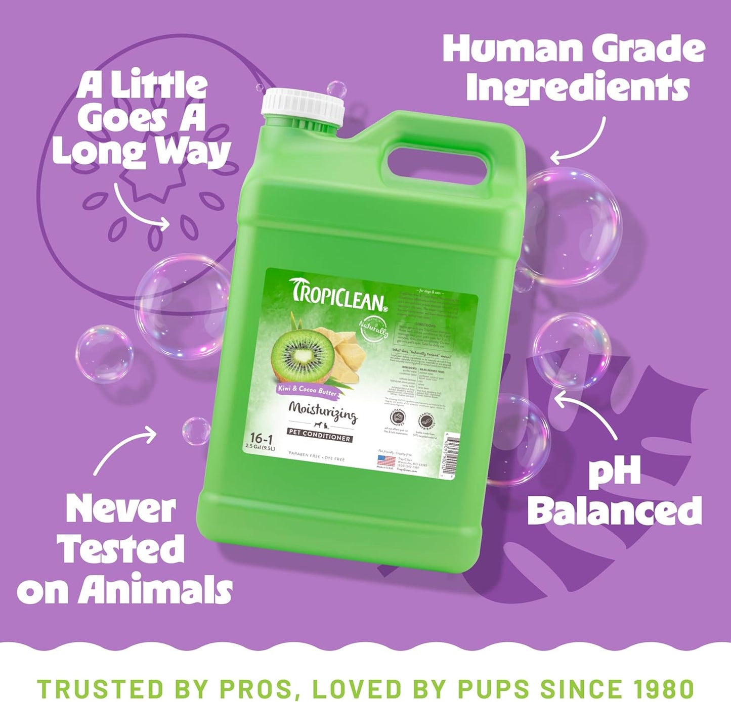 TropiClean Dog Conditioner, Professional Detangling & Moisturizing Conditioner, Puppy Safe, Made in the USA, Kiwi & Cocoa Butter Scent, 2.5 Gallon