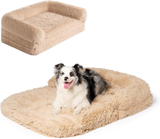 EHEYCIGA Foldable XXL Dog Bed, Faux Fur Fluffy Pet Couch Bed for Extra Large Dogs, Orthopedic Calming Memory Foam Big Pet Bed, Washable Soft Pet Sofa Bed with Non-Slip Bottom, Camel, 54"x38"x7.5"