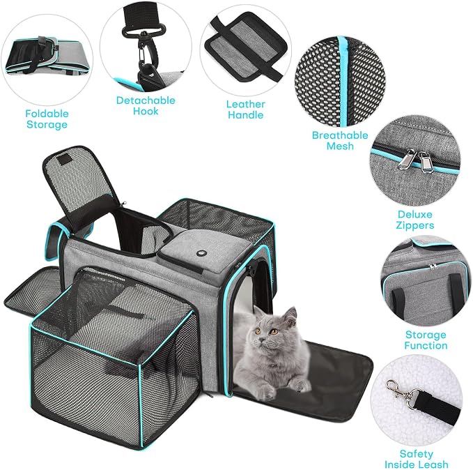 Pet Carrier, Large Soft Sided Expandable Travel Carrier with Steel Frame, Anti-Scratch Mesh, Removable Fleece Pad and Pockets for Cats, Dogs and Small Animals up to 15 lbs (Gray, 4 Sides Expandable)