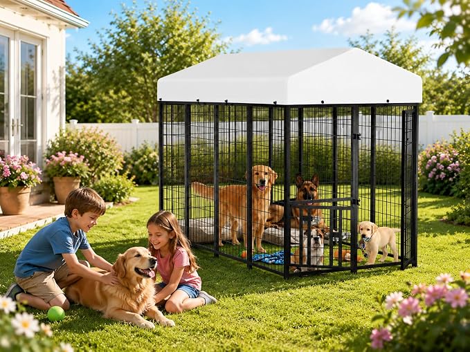 8 x 4 x 5.6 FT Outdoor Dog Kennel with Roof for Medium Large Dogs | Spacious Dog Run with Rotating Feeder, 2 Stainless Steel Bowls and Double Latch Gate
