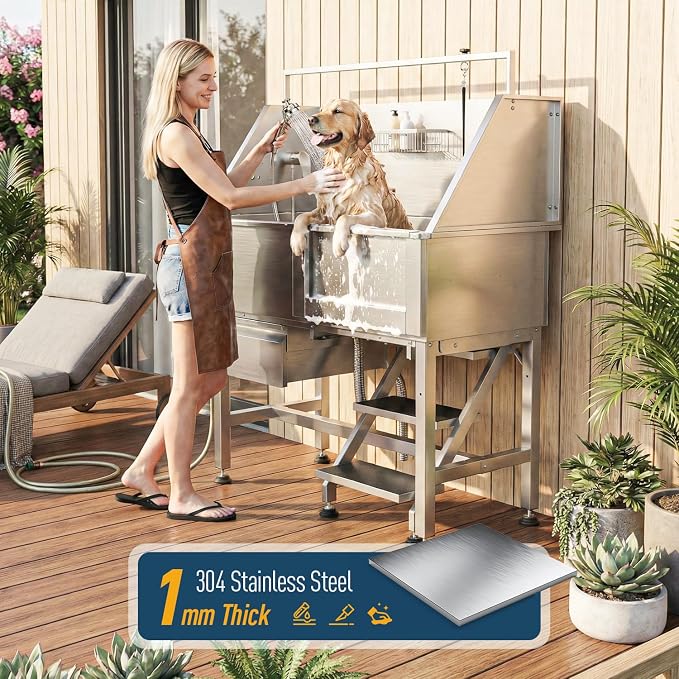 46" Dog Washing Station, Leak-Proof 304 Stainless Steel Dog Bathtub with Non-Slip Removable Left Ramp & Storage Drawer, Elevated Pet Wash Station for Large Dogs, Garage & Outdoor Use (Right Stair)