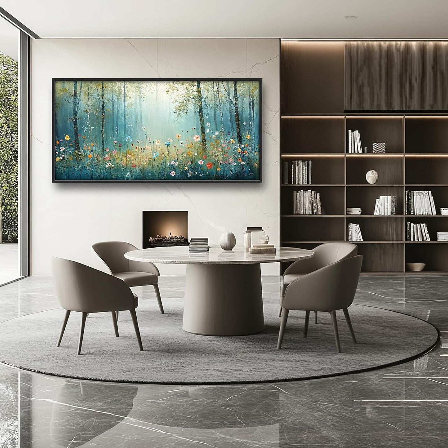 Large Forest Tree Wall Art for Living Room, Framed Oversized Wildflowers Wall Decor, Foggy Landscape Canvas Painting Modern Artwork Home Decoration for Dining Room Bedroom Office 60"x30"