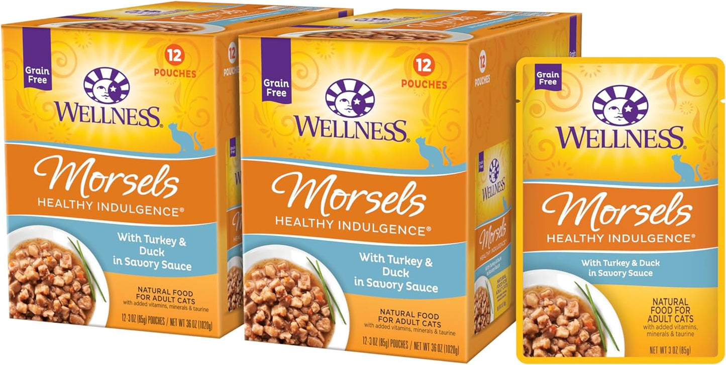 Wellness Healthly Indulgence Morsels Adult Wet Cat Food, Natural, Protein-Rich, Grain Free, 3 Ounce Pouch, 24 Pack, (Turkey & Duck)