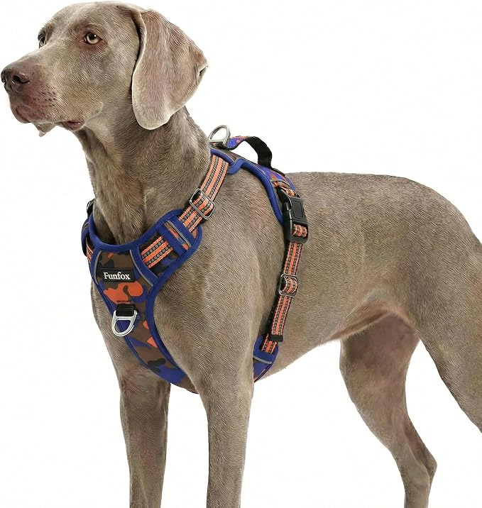 Dog Harness No Pull, Adjustable Pet Vest Harness, Super Soft Material with Vertical Handle Easy Control, Reflective Night Walking, 2 Leash Clips for XLarge Dogs, Camo Orange, XL