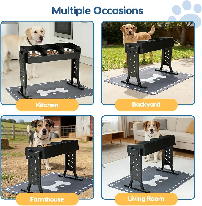 Elevated Dog Bowls for Large Breeds, Triple Dog Bowl Stand with 3 Stainless Steel Bowls, Adjustable Raised Dog Feeding Station, Slow Feeder Anti-Gulping Design, Heavy Duty