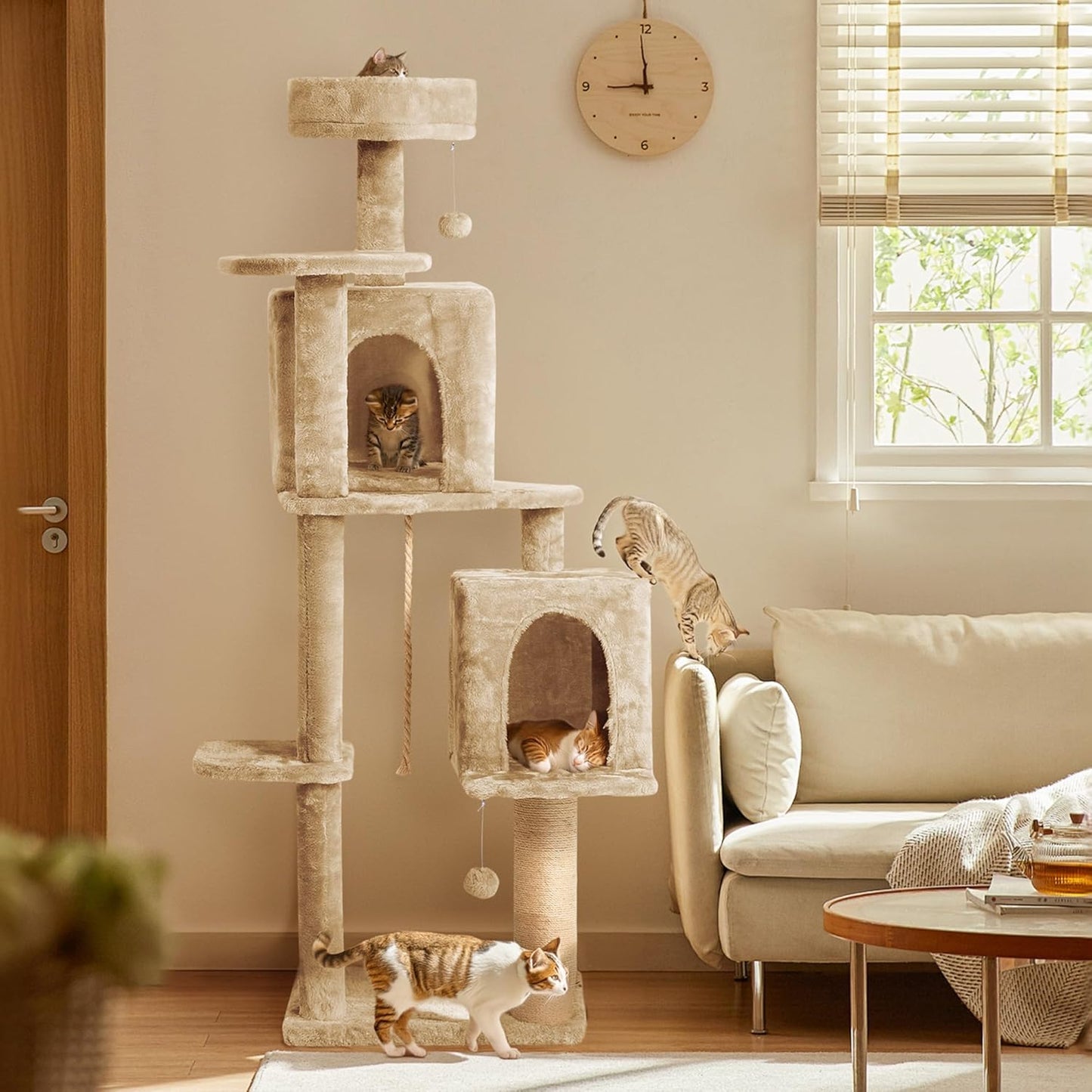 59in Large Cat Tree Tower for Indoor Cats with Soft Plush Hang Ball, Two Condos, Sisal Scratch Posts & Rope Play for Kittens/Adult Cats, New Beige