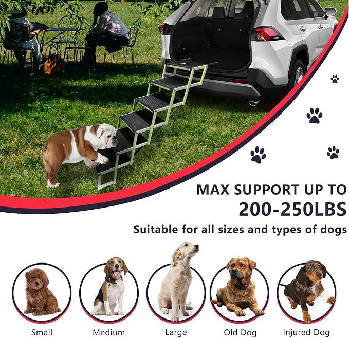 Dog Ramps for Small & Big Dogs Portable Folding Pet Stairs with Nonslip Surface Foldable Truck Ramp Stairs for Car, SUV and Trucks, Supports Up to 250LBS, 6 Steps