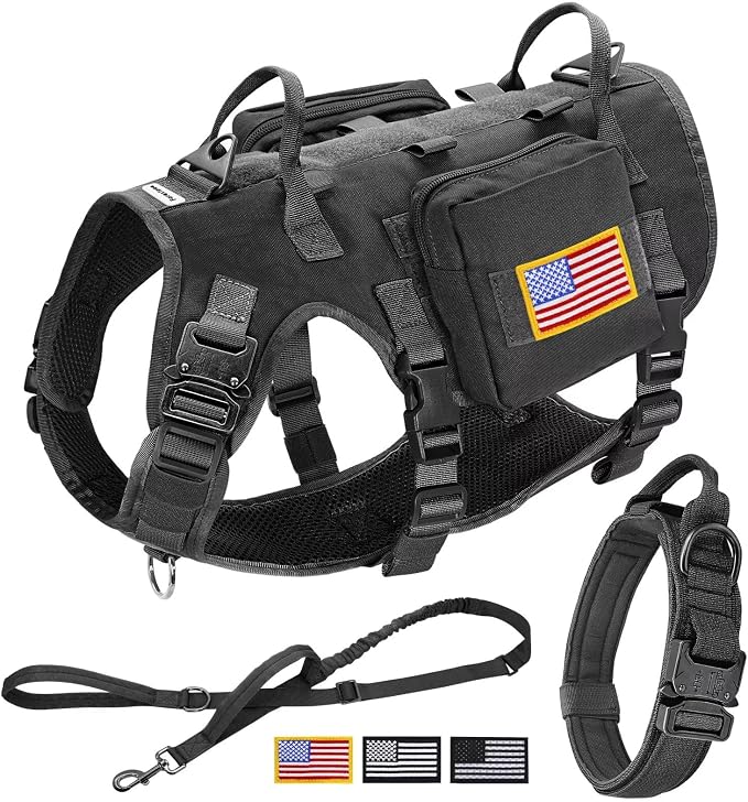 Forestpaw Tactical Dog Harness Collar Bungee Leash Set,L,Black | Adjustable Fits 27-40" Chest,70-140 lbs,No Pull Control Military,Quick Release Buckle,Walking Training for Medium Large Dogs