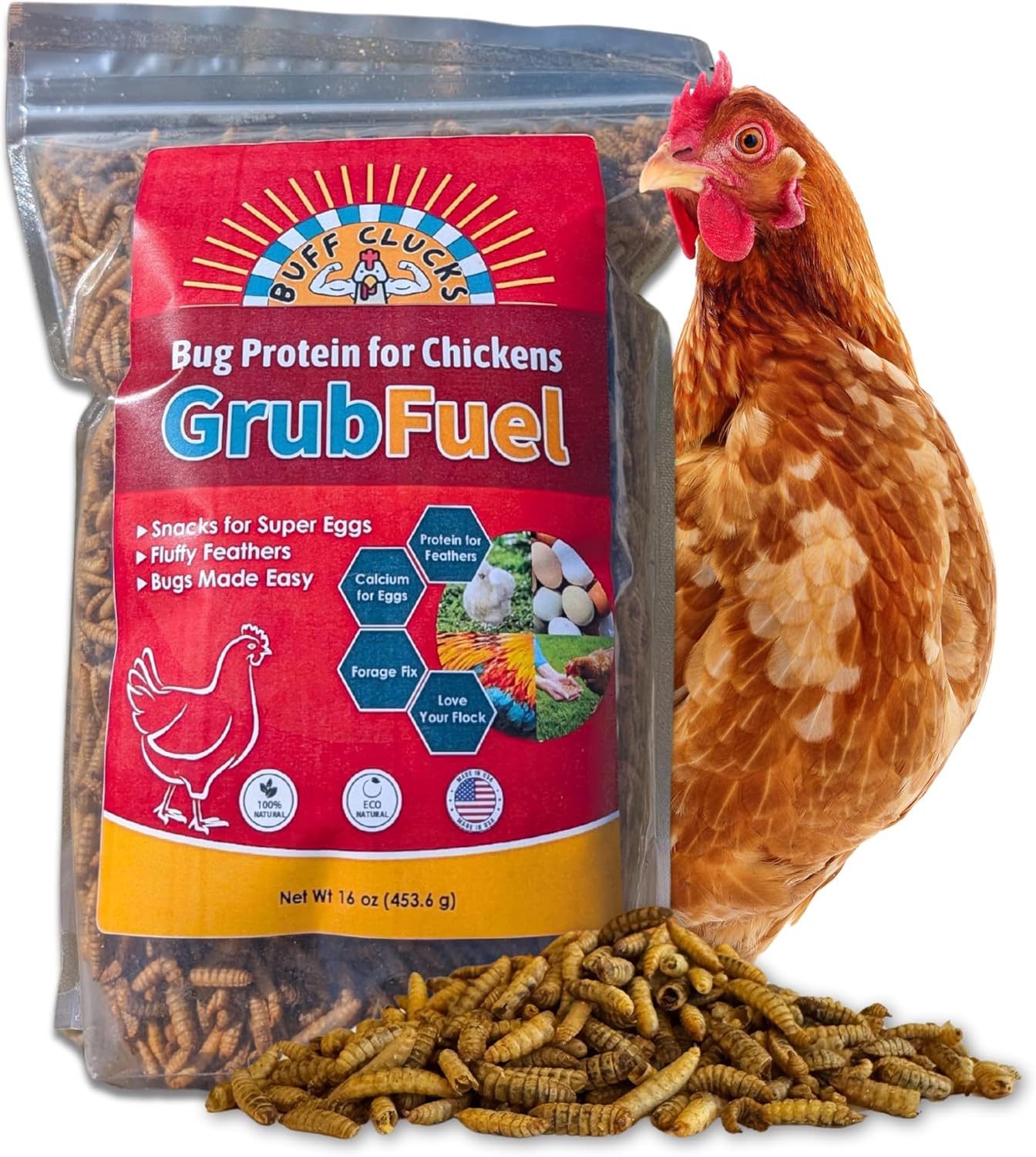 Grub Fuel Black Soldier Fly Larvae for Chickens - Nutrient-Packed BSFL, Sustainably Sourced Snack for Poultry, Rich in Protein, Calcium, Fiber, Essential Fatty Acids, USA Grown (1LB)