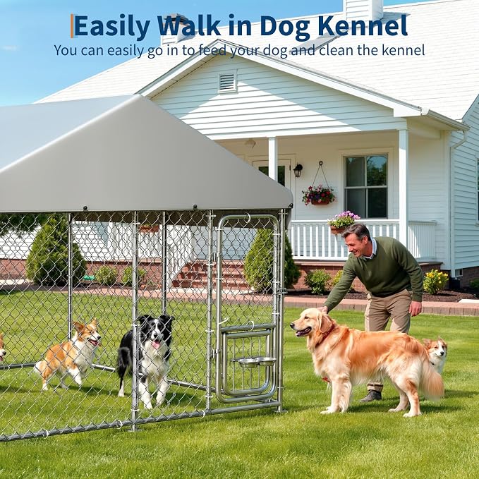 GarveeLife Dog Kennel Outdoor with Waterproof Cover, Outdoor Dog Enclosure with 360° Rotating Feeding Bowls, Dog Kennel Outside for Backyard, 7.5ftx7.5ftx6.6ft