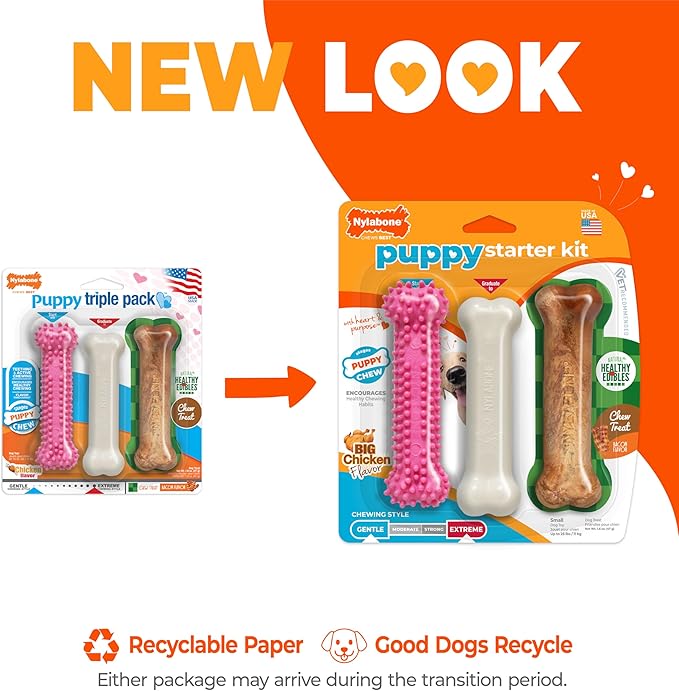 Nylabone New Puppy Starter Kit, Chew Toys & Natural Chew Treat for Puppies, Puppy Enrichment Teething Toys, Pink, Long Lasting Chicken & Bacon Flavor, Small Dogs - Up to 25 Ibs, 3 Pack
