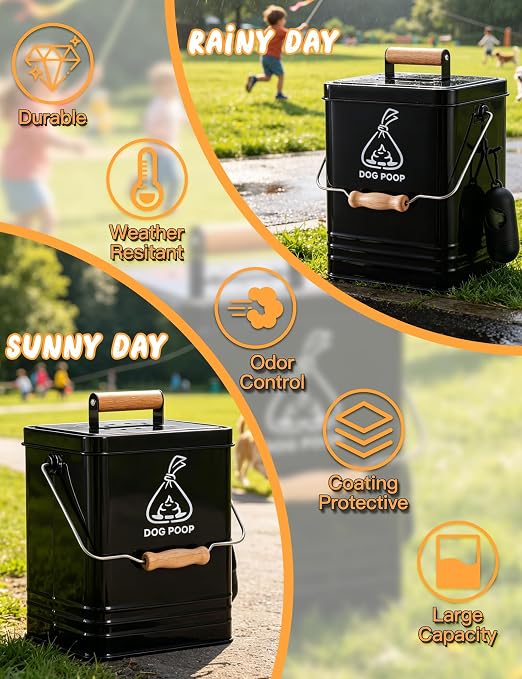 Dog Poop Trash Can Outside, Metal Pet Waste Trash Can with Lid & Handle, 5L/1.3Gal Dog Waste Station with Bag Holder & 30 Bags(Black)